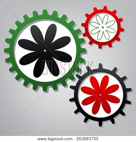 Flower Sign Illustration. Vector. Three Connected Gears With Ico