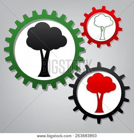 Tree Sign Illustration. Vector. Three Connected Gears With Icons