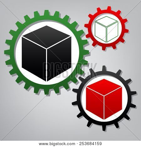 Cube Sign Illustration. Vector. Three Connected Gears With Icons