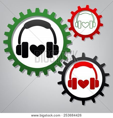 Headphones With Heart. Vector. Three Connected Gears With Icons