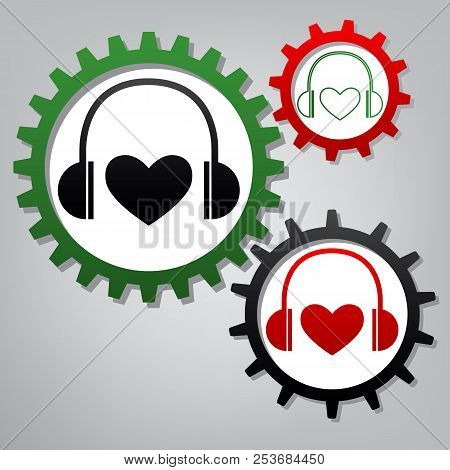 Headphones With Heart. Vector. Three Connected Gears With Icons