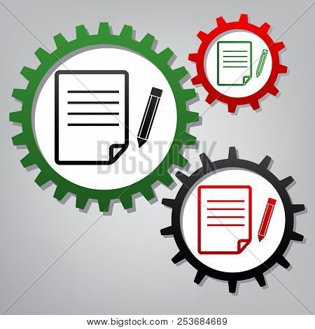 Paper And Pencil Sign. Vector. Three Connected Gears With Icons