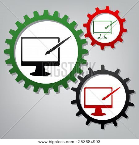 Monitor With Brush Sign. Vector. Three Connected Gears With Icon
