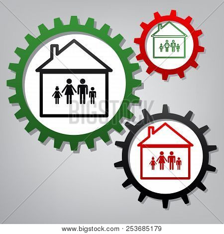 Family Sign Illustration. Vector. Three Connected Gears With Ico
