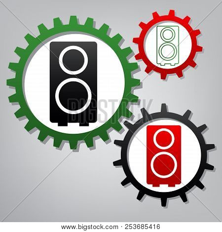 Speaker Sign Illustration. Vector. Three Connected Gears With Ic