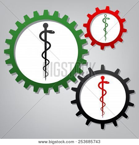 Symbol Of The Medicine. Vector. Three Connected Gears With Icons