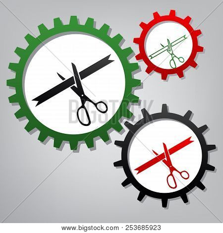 Ceremony Ribbon Cut Sign. Vector. Three Connected Gears With Ico