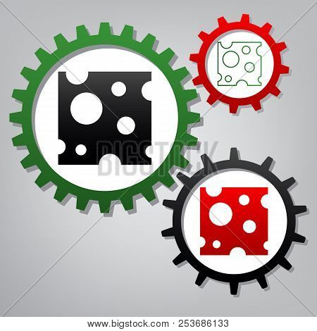 Cheese Slice Sign. Vector. Three Connected Gears With Icons At G