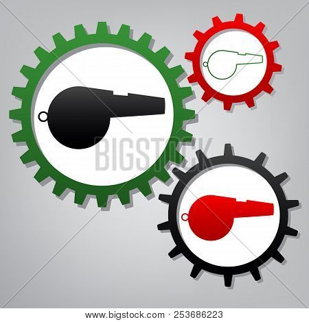 Whistle Sign. Vector. Three Connected Gears With Icons At Grayis