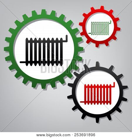 Radiator Sign. Vector. Three Connected Gears With Icons At Grayi