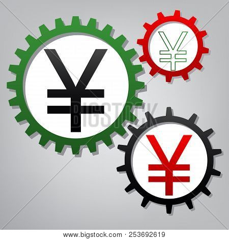 Yen Sign. Vector. Three Connected Gears With Icons At Grayish Ba