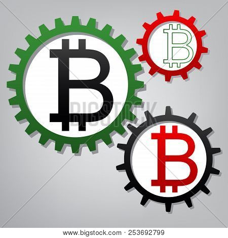 Bitcoin Sign. Vector. Three Connected Gears With Icons At Grayis