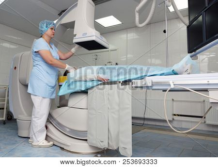 MOSCOW, RUSSIA - November 09, 2012: The patient before the operation on an x-ray machine. The endovascular surgery room in the city clinical hospital in Moscow.