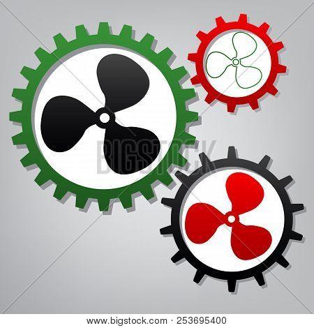 Fan Sign. Vector. Three Connected Gears With Icons At Grayish Ba