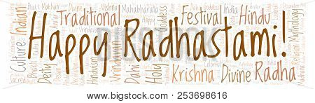 Happy Radhastami In Banner Form Word Cloud. Wordcloud Made From Letters And Words Only.