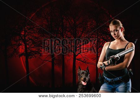 Pistol Shooting Isolated On Red Forest Background. Sportsman With A Gun. Sport Pistol Shooting.