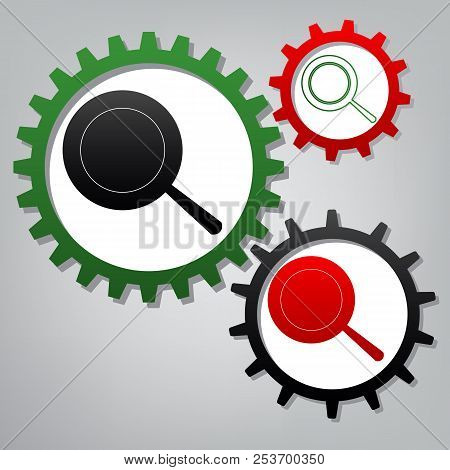 Pan Sign. Vector. Three Connected Gears With Icons At Grayish Ba