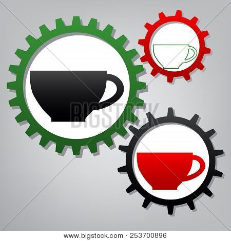 Cup Sign. Vector. Three Connected Gears With Icons At Grayish Ba