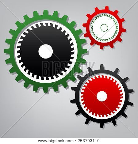 Saw Sign. Vector. Three Connected Gears With Icons At Grayish Ba
