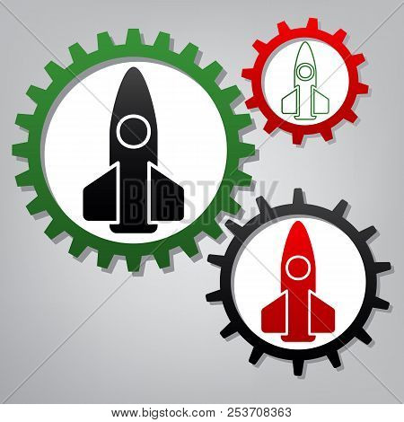 Retro Rocket Sign Illustration. Vector. Three Connected Gears Wi