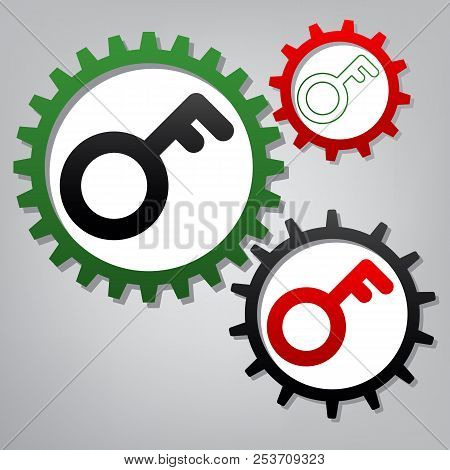 Key Sign. Vector. Three Connected Gears With Icons At Grayish Ba
