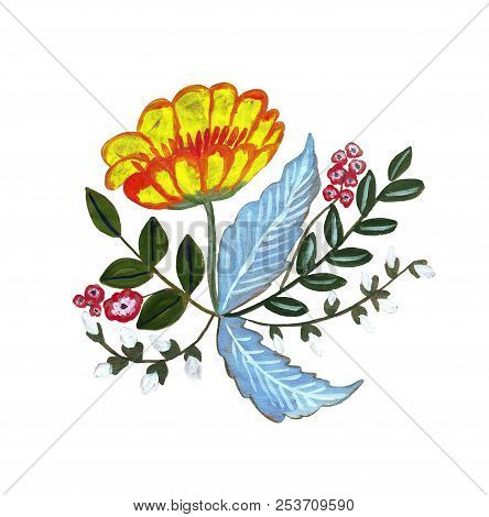 Hand Drawning Watercolor Of A Bouquet Of Flowers Of Different Types