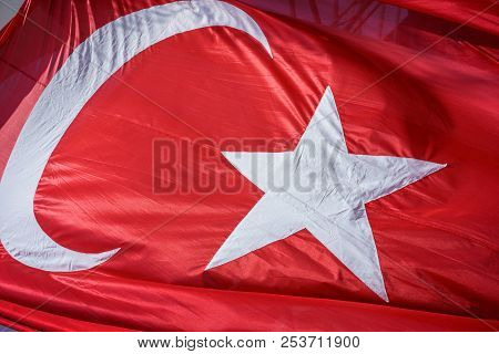 Close Up Waving Fabric Flag Of Turkey, Turkish National Flag Fabric Background Texture, Turkey Flag 