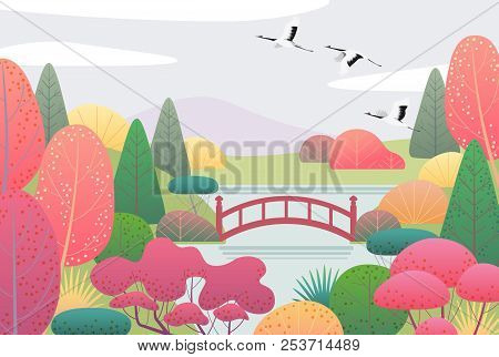 Nature Background With Japanese Garden And Flying Cranes. Autumn Scene With Simple Red, Yellow, Gree