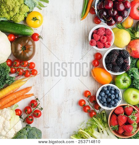 Organic Farm Produce, Assortment Of Fresh Summer Fruits Vegetables Berries, Copy Space, Square, Top 