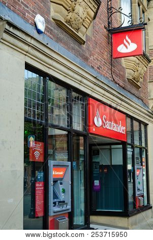 Chester, Uk: Aug 6, 2018: A Branch Of Santander Bank In Chester City Centre. Santander Is A Wholly O