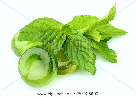 Medicine,mints Pills,medicated Lollipops With Sprig Of Mint Isolated On White Background.
