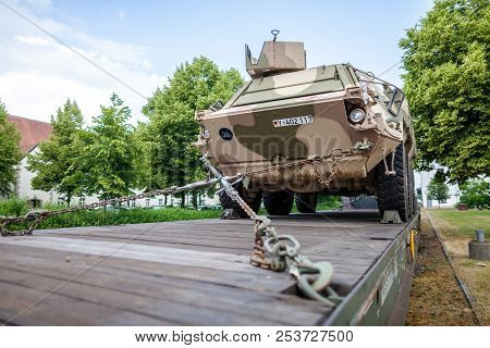 Feldkirchen / Germany - June 9, 2018: German Armoured Military Vehicles From Bundeswehr, Stands On A