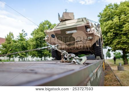 Feldkirchen / Germany - June 9, 2018: German Armoured Military Vehicles From Bundeswehr, Stands On A