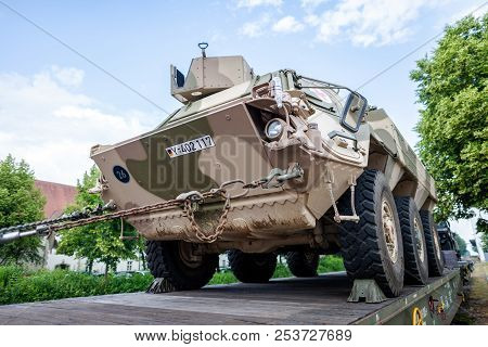 Feldkirchen / Germany - June 9, 2018: German Armoured Military Vehicles From Bundeswehr, Stands On A