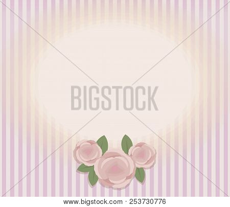 Striped Retro Vintage Card With Composition Of Three Pink Roses And Leaves, Oval Horizontal Light Ar