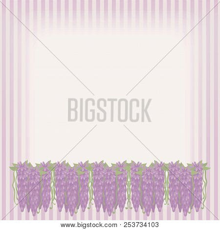 Striped Retro Vintage Card With Bouquets Of Pink Flowing Flowers Underneath With Green Leaves Decor 
