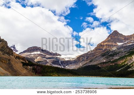 Bow Glacier With Waterfalls In Banff National Park. Bow Glacier Is An Outflow Glacier From The Wapta