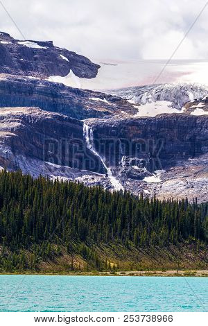 Bow Glacier With Waterfall And Bow Lake In Banff National Park