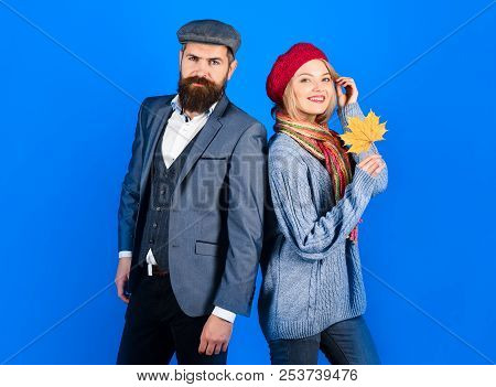 Autumn. Stylish Couple In Warm Clothes. Bearded Man Standing With Girlfriend. Woman In Warm Clothes 