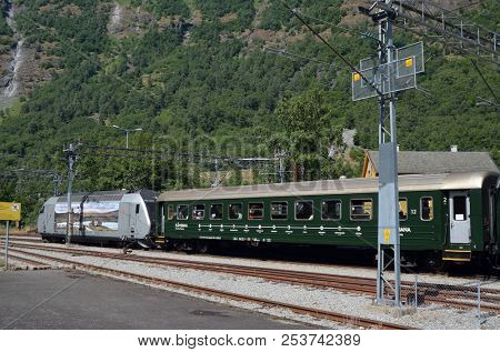 Station old Flam Railway. The Flamsbana is a 20.2-kilometer long railway line between Myrdal and Flam in Aurland, June 17,2018. Flam, Norway, Scandinavia.