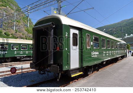 Station old Flam Railway. The Flamsbana is a 20.2-kilometer long railway line between Myrdal and Flam in Aurland, June 17,2018. Flam, Norway, Scandinavia.