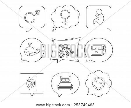 Fertilization, Pregnancy And Pediatrics Icons. Baby Child, Whale And Octopus Linear Signs. Treasure 