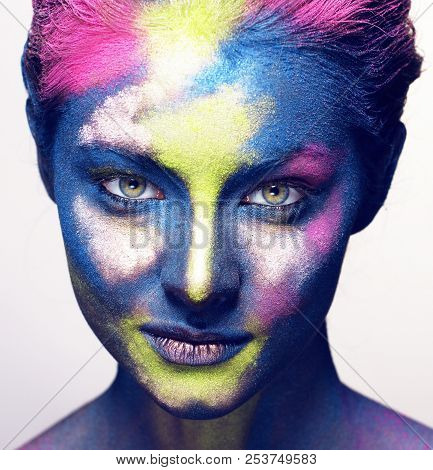 Beauty Woman With Creative Make Up Like Holy Celebration In Indi