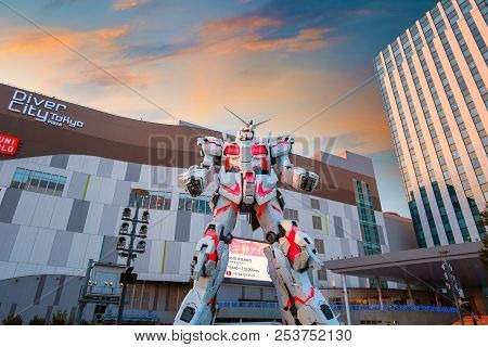 Tokyo, Japan - April 20 2018: Full-size Mobile Suit  Rx-0 Unicorn Gundam Replica From The Mobile Sui