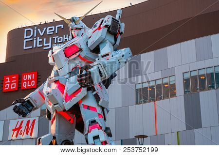 Tokyo, Japan - April 20 2018: Full-size Mobile Suit  Rx-0 Unicorn Gundam Replica From The Mobile Sui