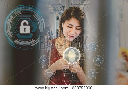 Asian Woman Passenger Using The Smart Mobile Phone By Fingerprint Scan For Support Security Access W