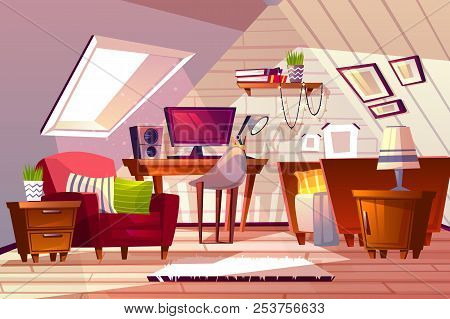 Attic Room Interior Vector Illustration. Cartoon Garret Design Background Of Girl Bedroom Or Living 