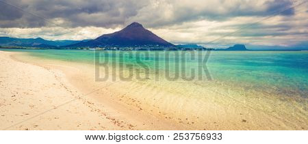 Sandy tropical Wolmar beach at sunny day. Beautiful landscape. Panorama. Mauritius