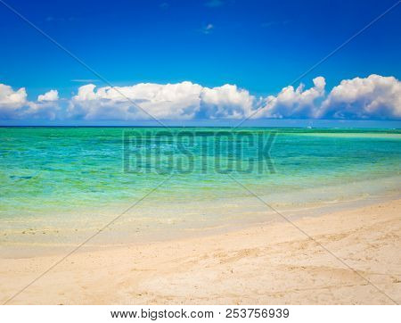 Sandy tropical Wolmar beach at sunny day. Beautiful landscape. Mauritius