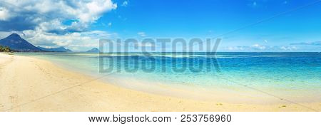 Sandy tropical Wolmar beach at sunny day. Beautiful landscape. Panorama. Mauritius